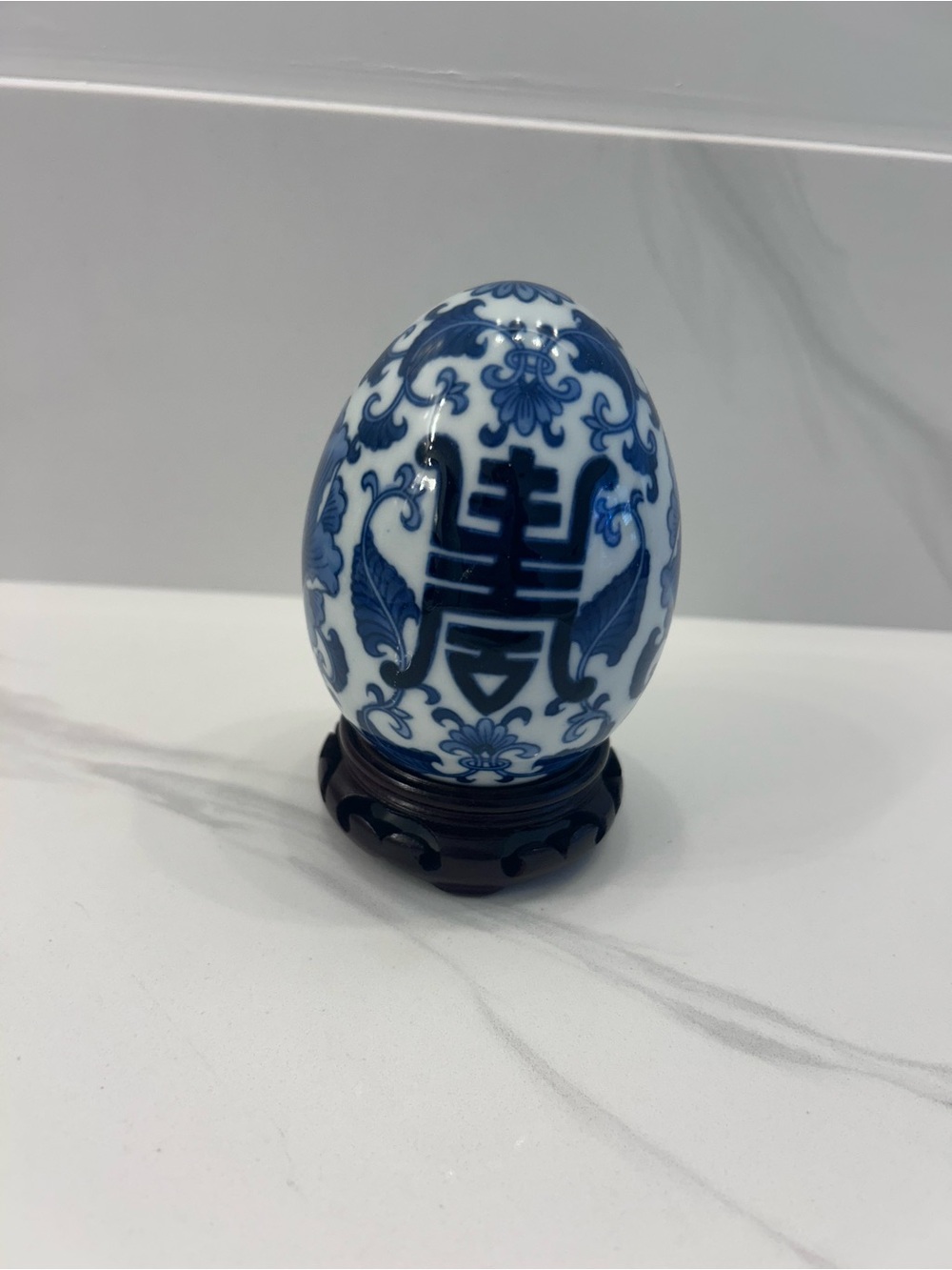 Blue and White Porcelain Decorative Egg with wooden stand